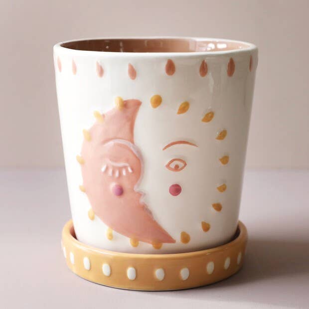 Sun and Moon Face Ceramic Planter and Tray, H14cm