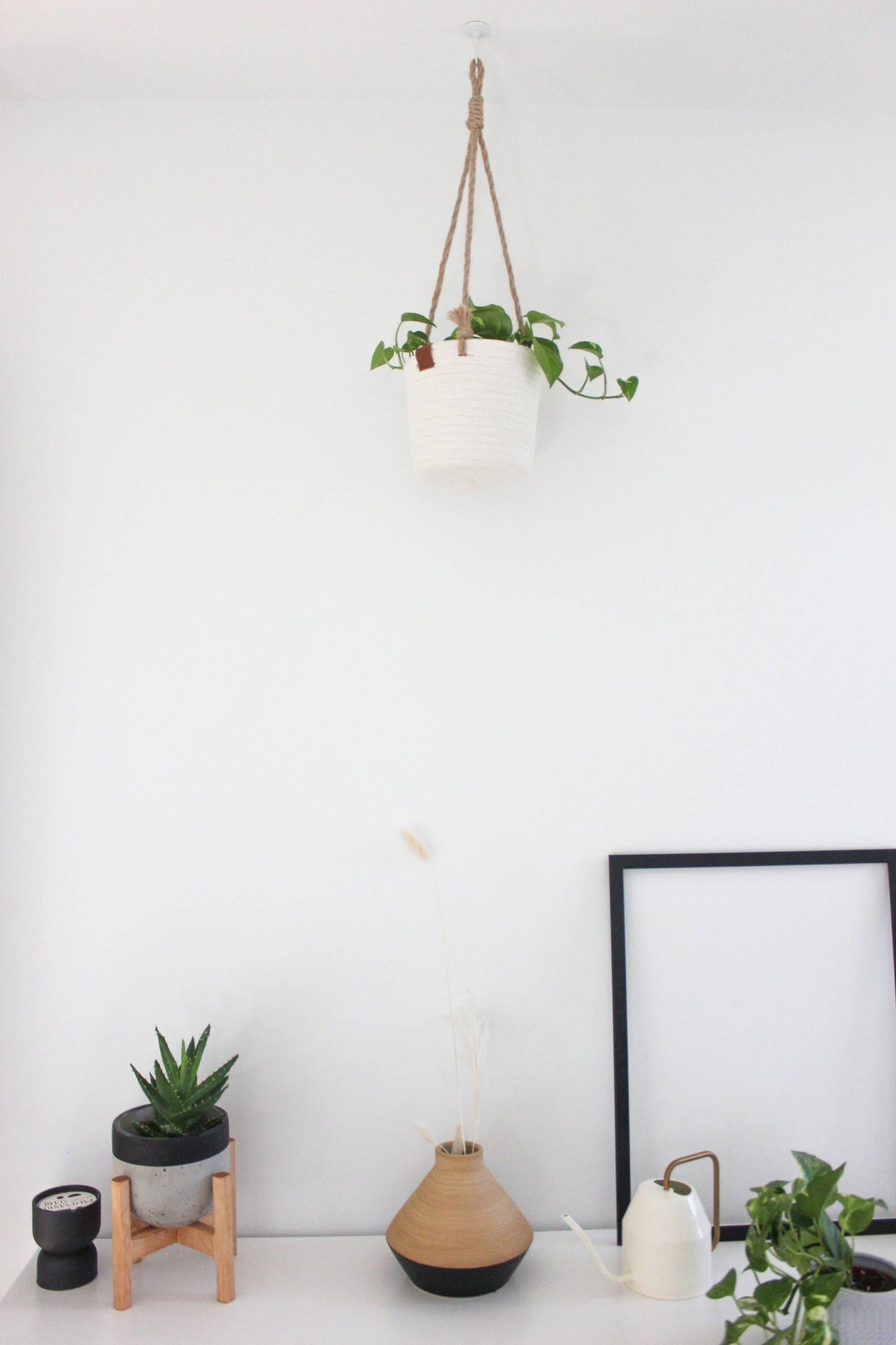 Boho Cotton Rope Hanging Planter Basket with Leather Accent