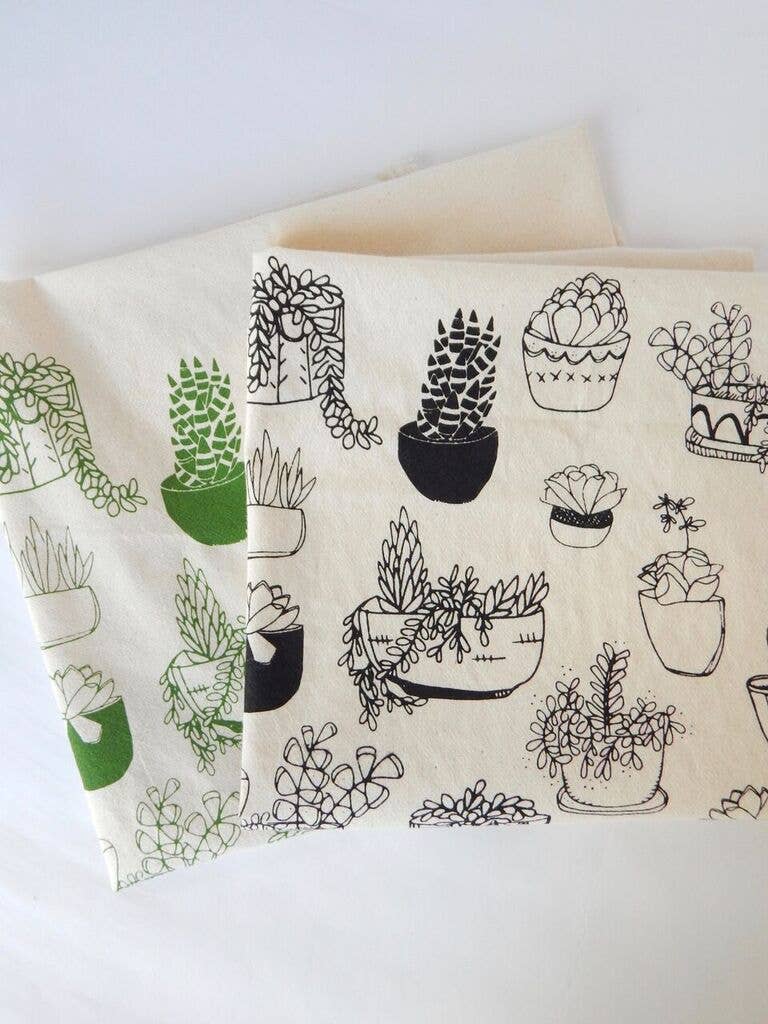 Succulents Kitchen Towel, Handprinted Tea Towel, Plant Print