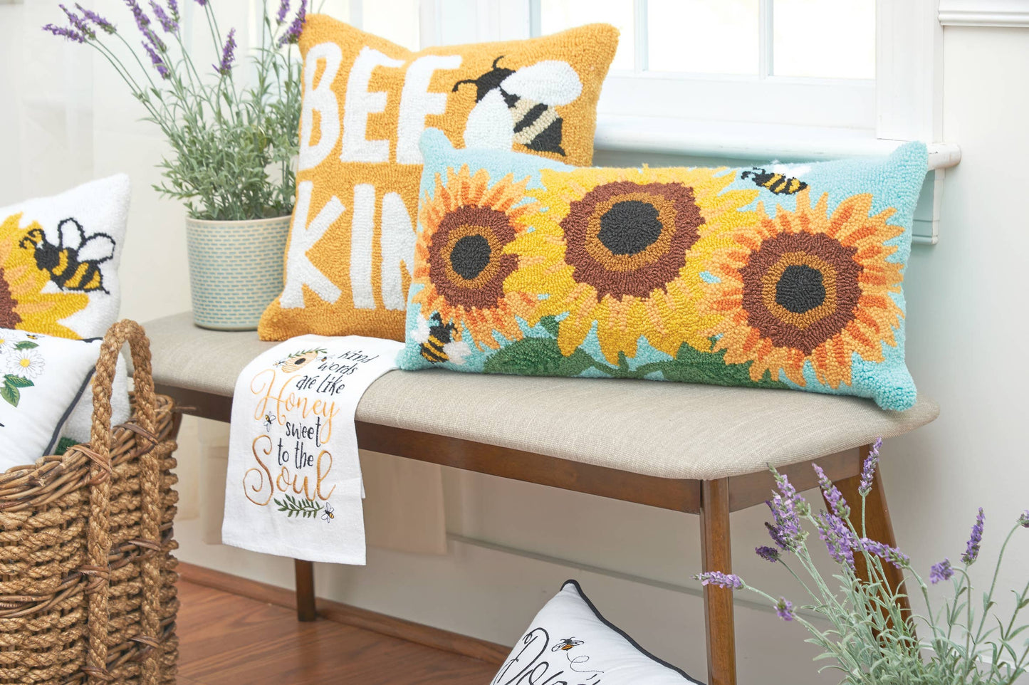 Sunflower Trio & Bees Throw Pillow