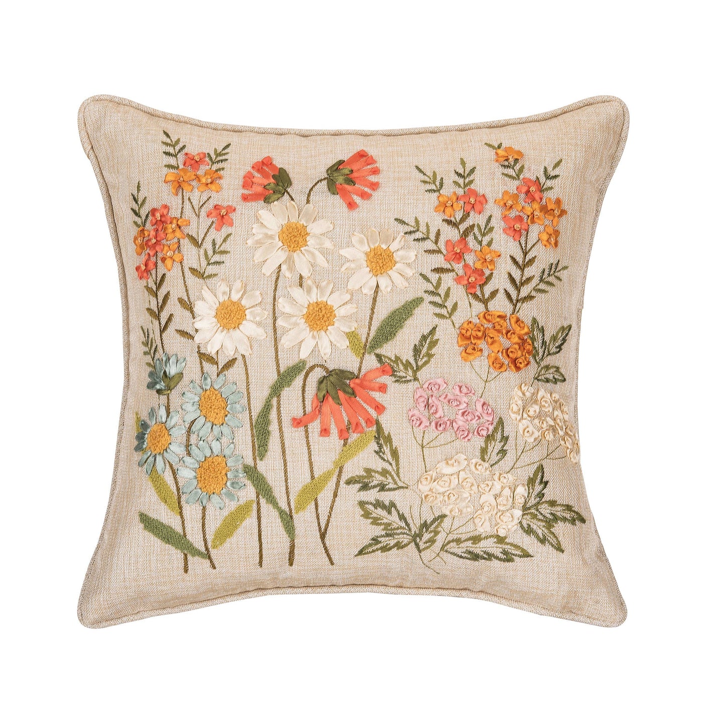 Daisy Garden Floral Ribbon Art Throw Pillow