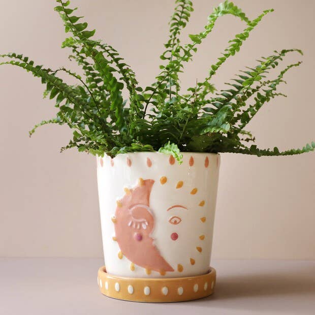Sun and Moon Face Ceramic Planter and Tray, H14cm