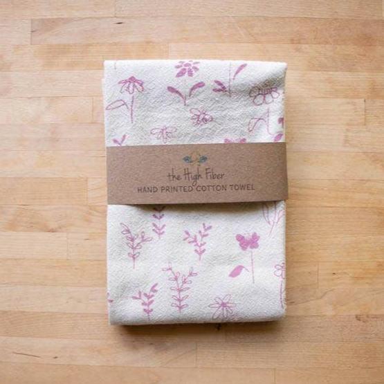 Hand Printed Cotton Towel with Pink Flower Print