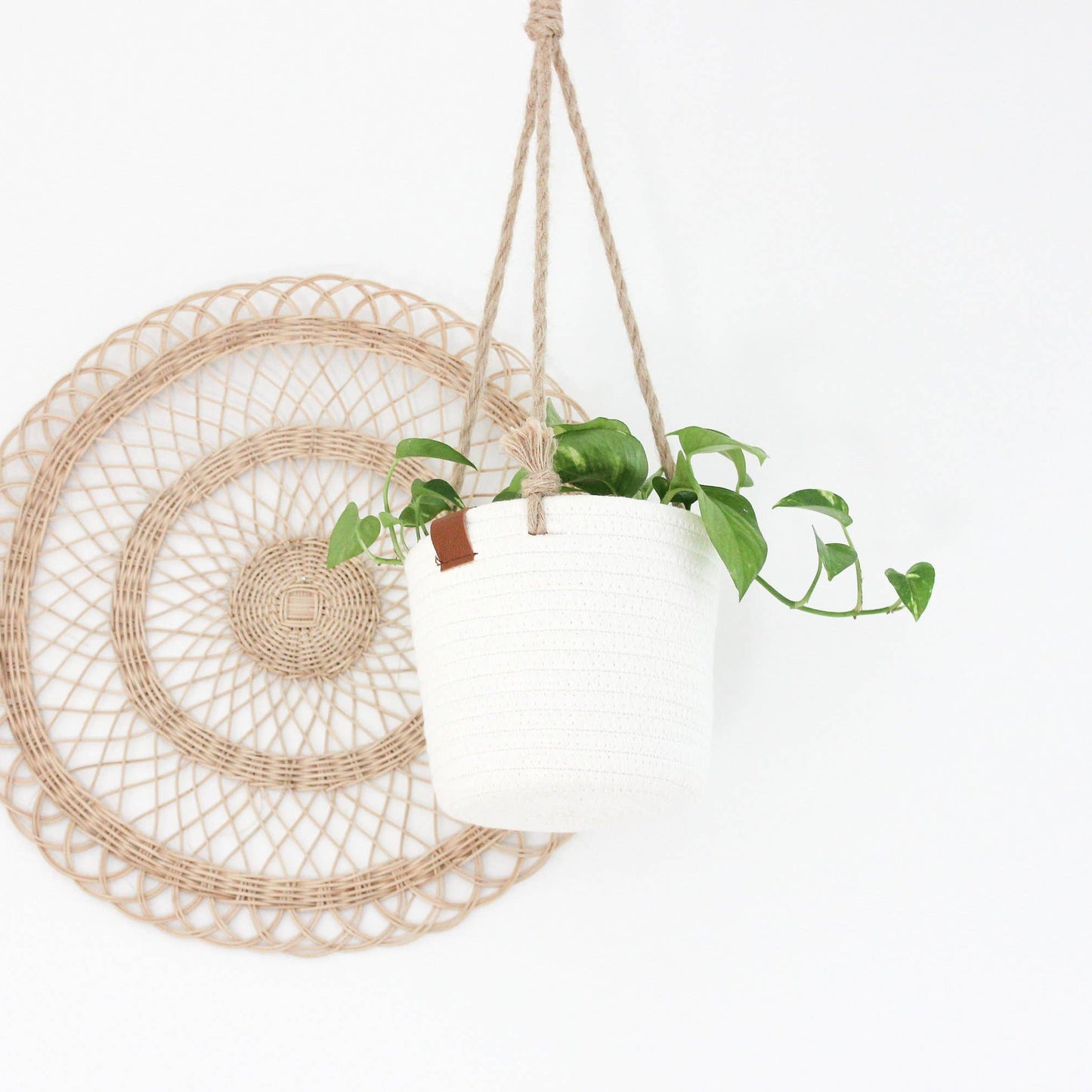 Boho Cotton Rope Hanging Planter Basket with Leather Accent