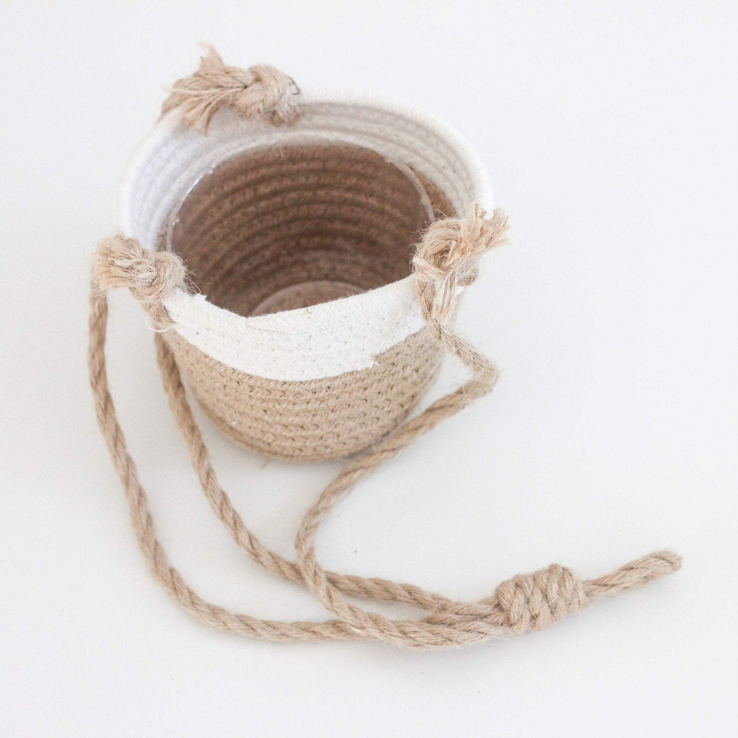 Beige and White Cotton Rope Hanging Planter Basket