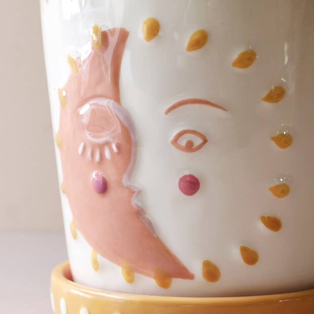 Sun and Moon Face Ceramic Planter and Tray, H14cm