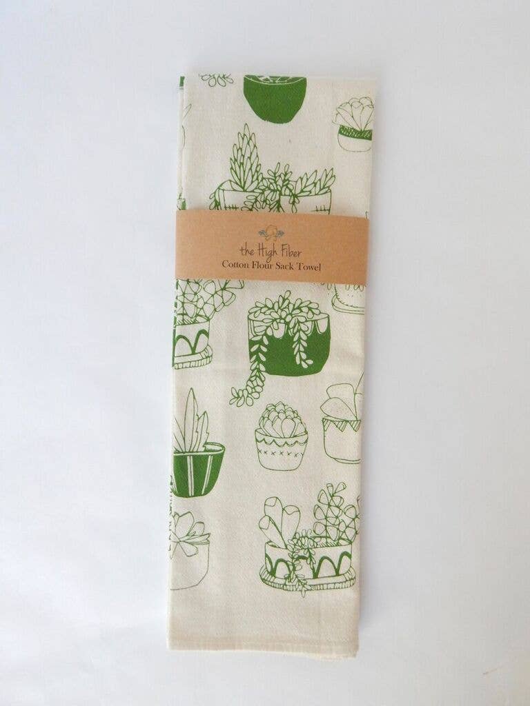 Succulents Kitchen Towel, Handprinted Tea Towel, Plant Print