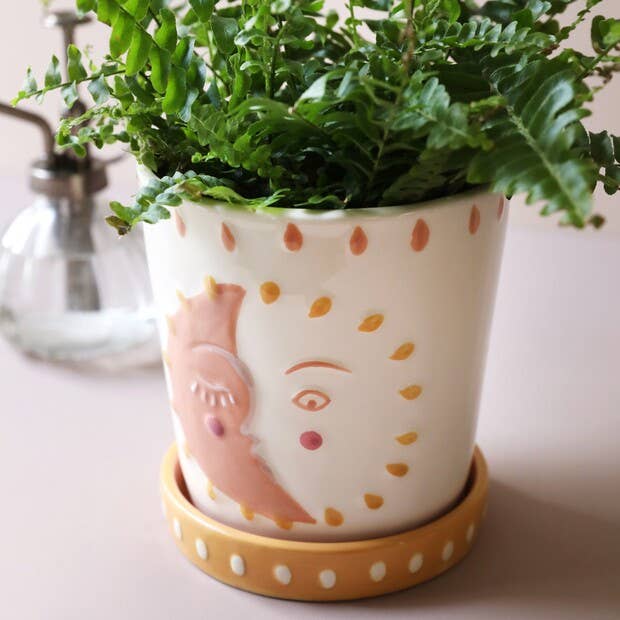 Sun and Moon Face Ceramic Planter and Tray, H14cm