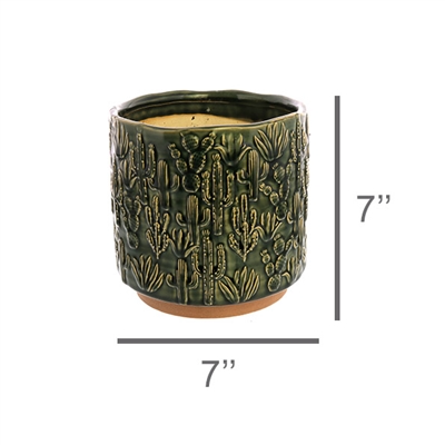 Cactus Motif Cachepot, Ceramic - Lrg - Green