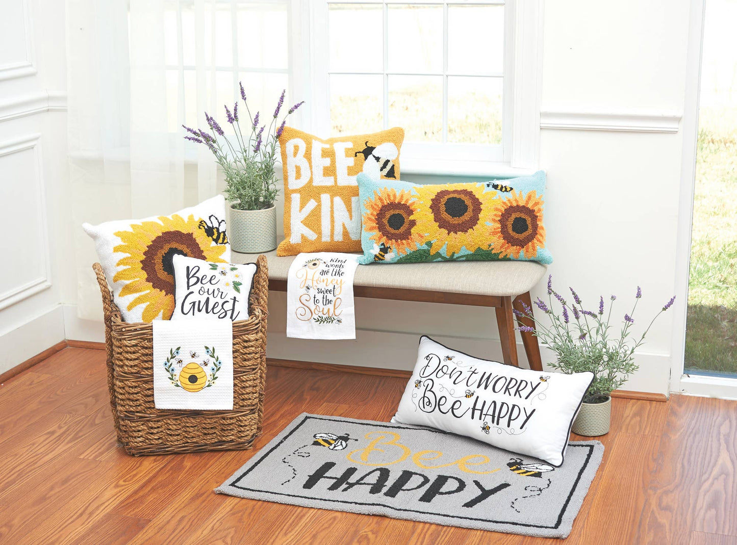Sunflower Trio & Bees Throw Pillow