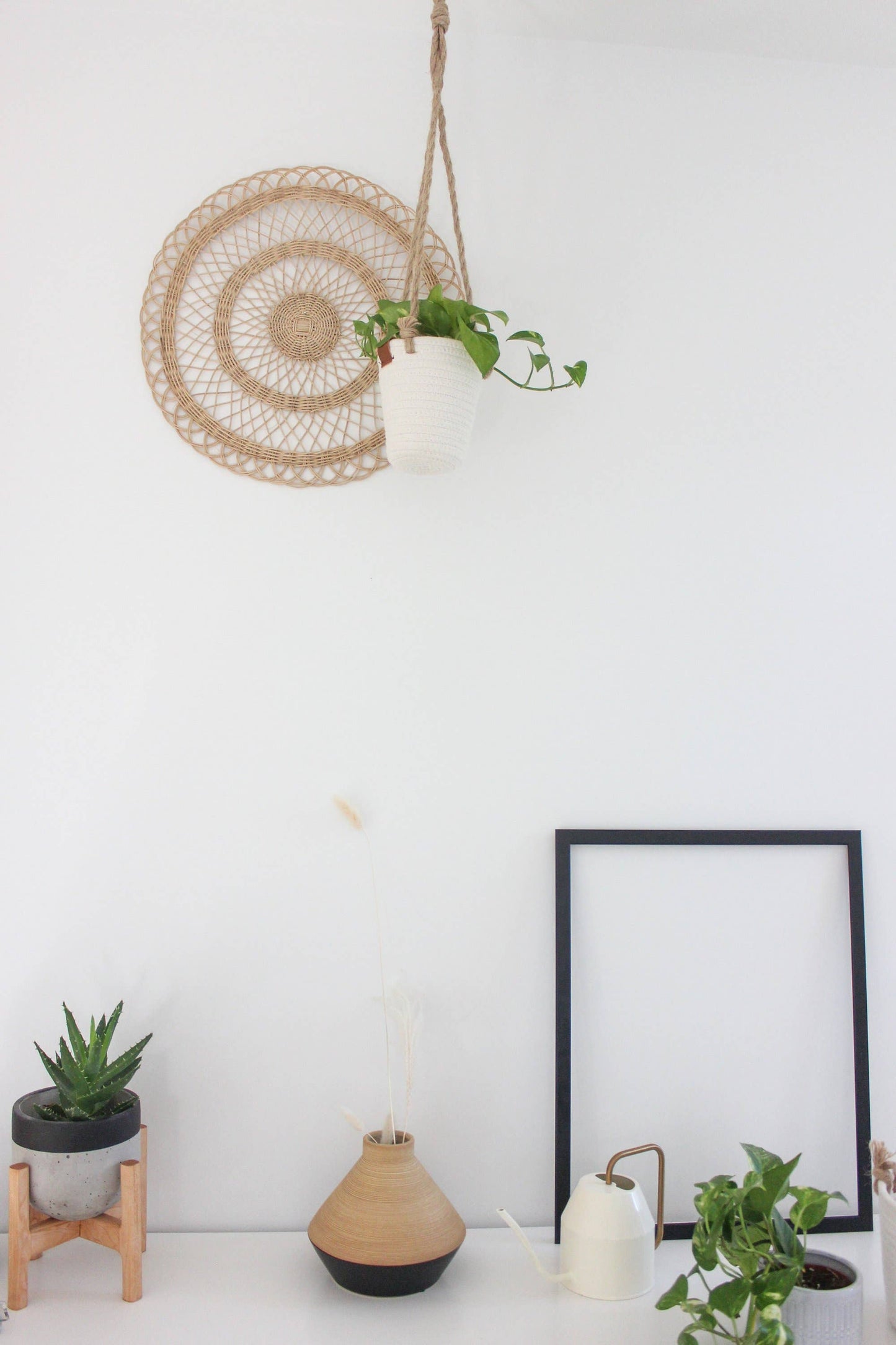 Boho Cotton Rope Hanging Planter Basket with Leather Accent