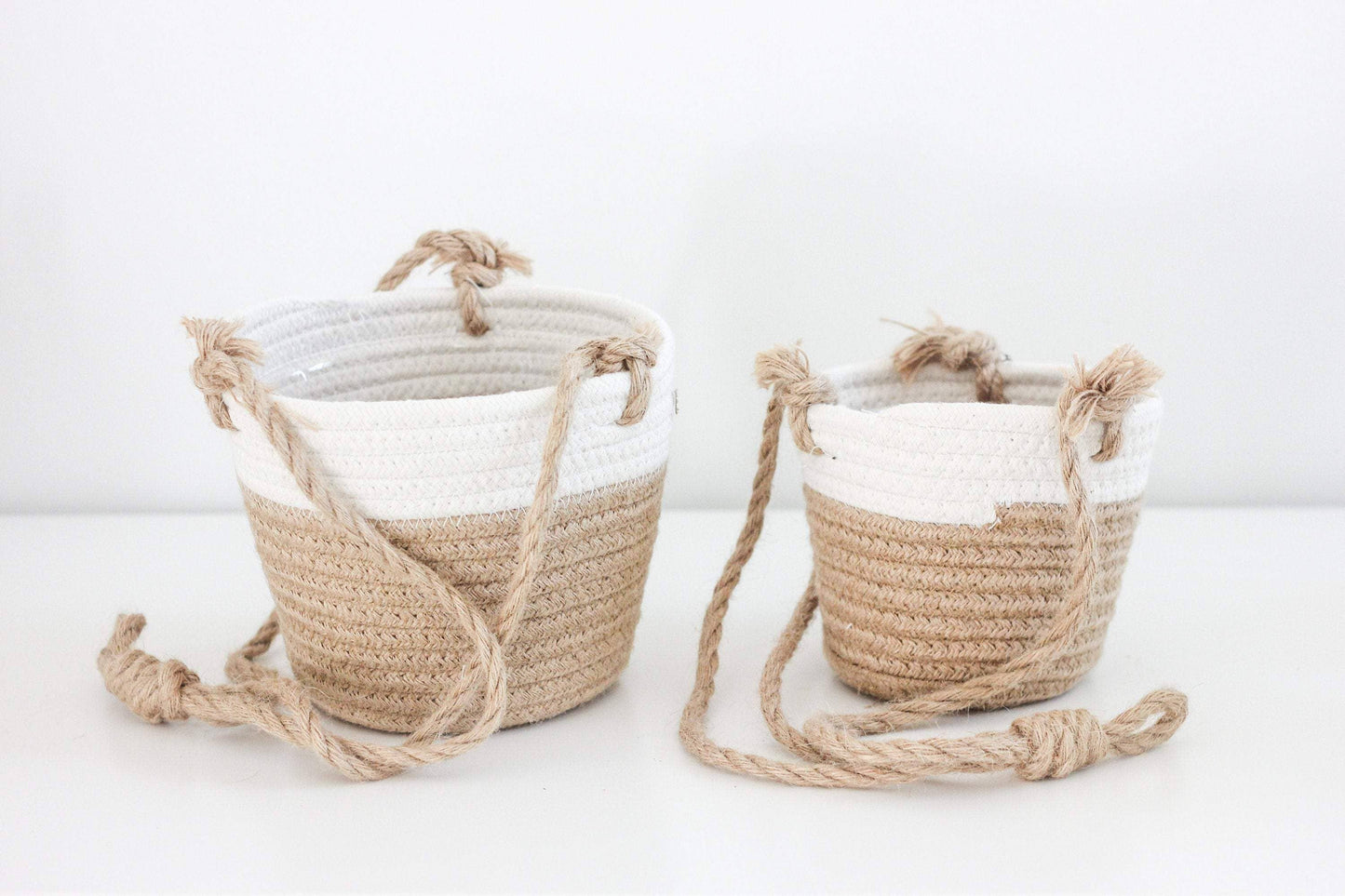 Beige and White Cotton Rope Hanging Planter Basket