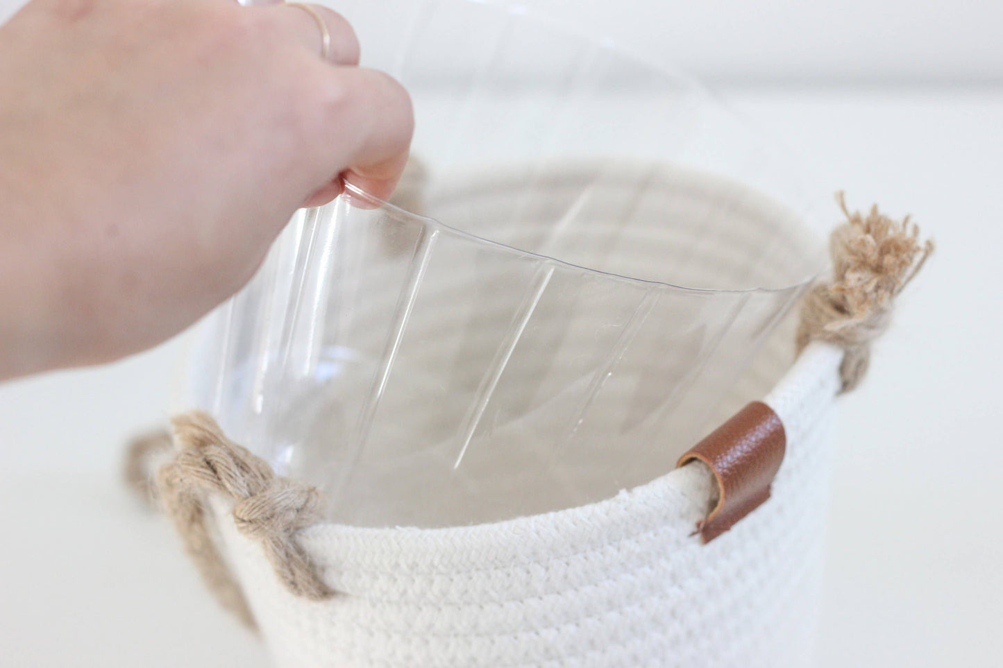 Boho Cotton Rope Hanging Planter Basket with Leather Accent