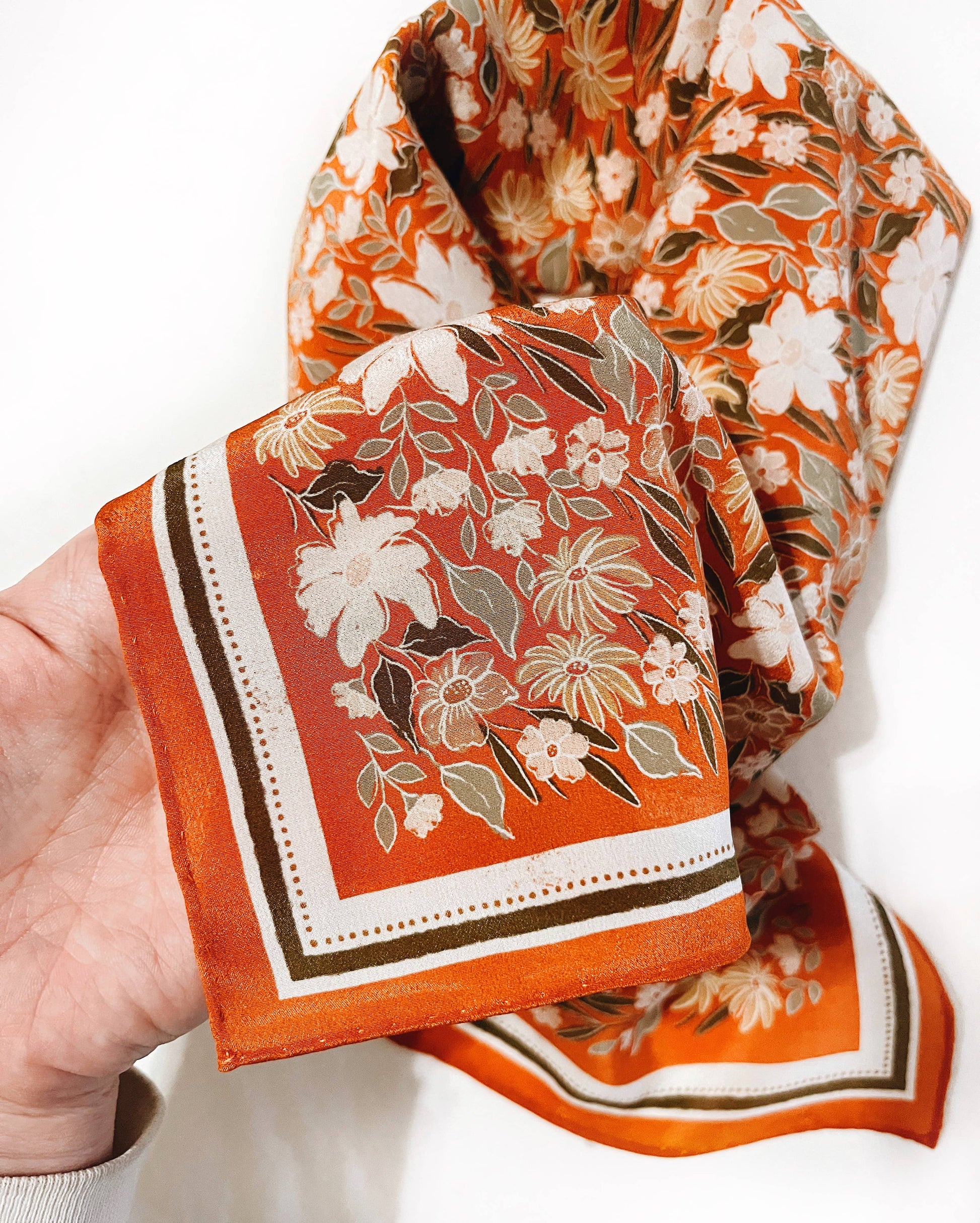 Silk Bandana Scar fwith Orange Flower Print 