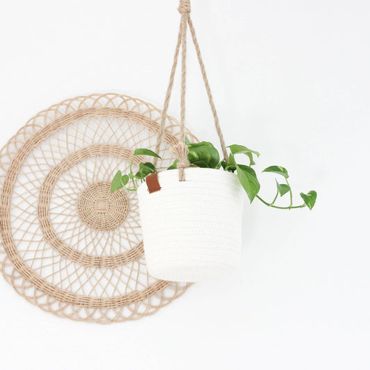 Boho Cotton Rope Hanging Planter Basket with Leather Accent