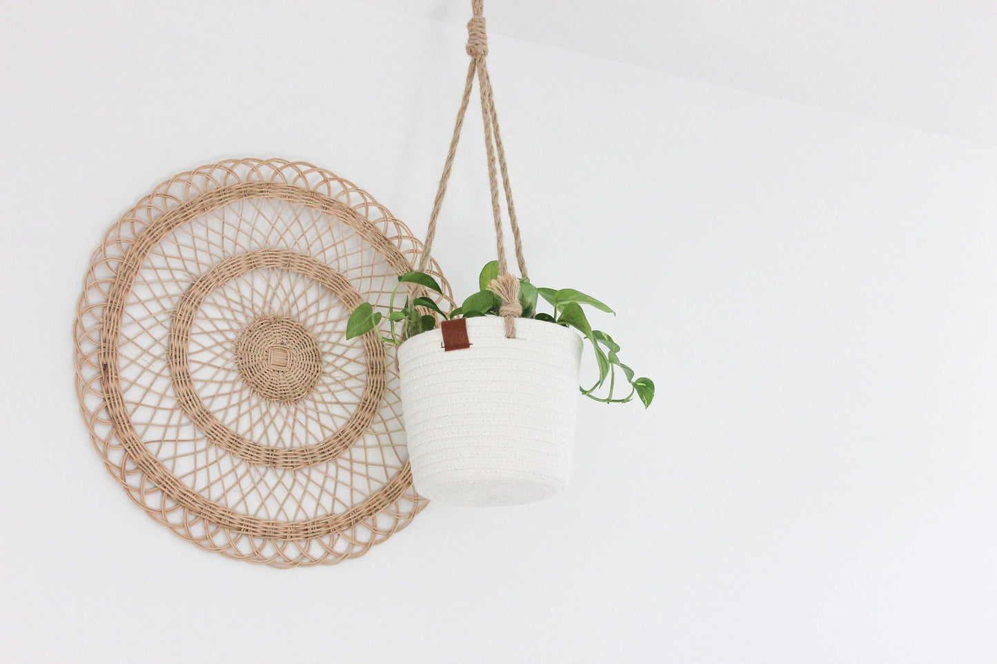 Boho Cotton Rope Hanging Planter Basket with Leather Accent