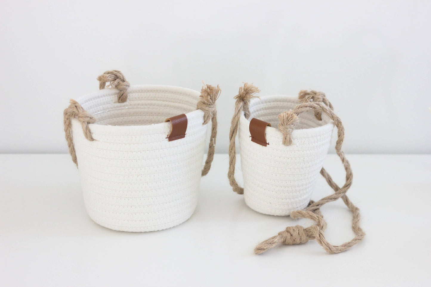 Boho Cotton Rope Hanging Planter Basket with Leather Accent